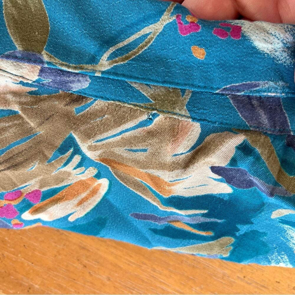 Vintage Colorful Women's Hawaiian Shirt Short Sleeve Teal Blue Aqua Floral XL - Picture 9 of 9
